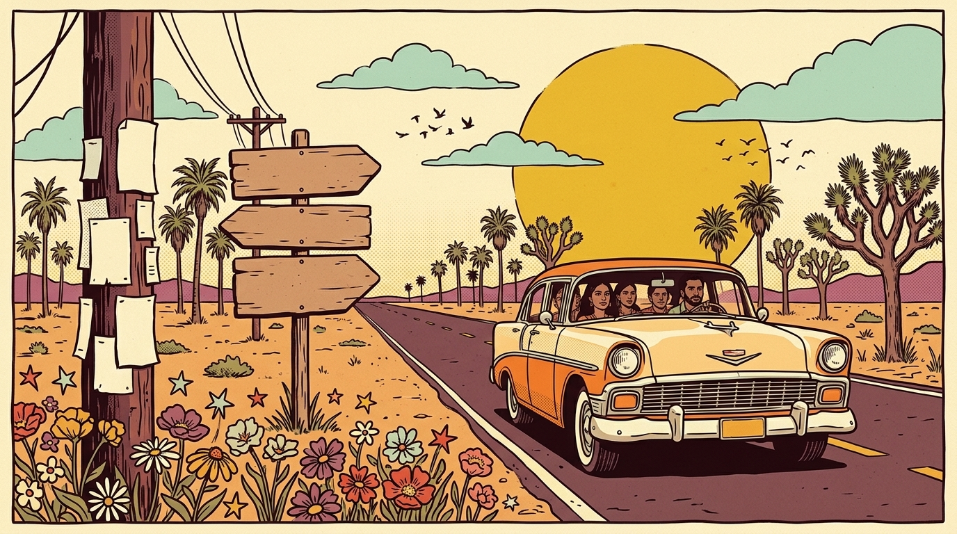 Illustrated road trip scene with a vintage car, road signs and a setting sun