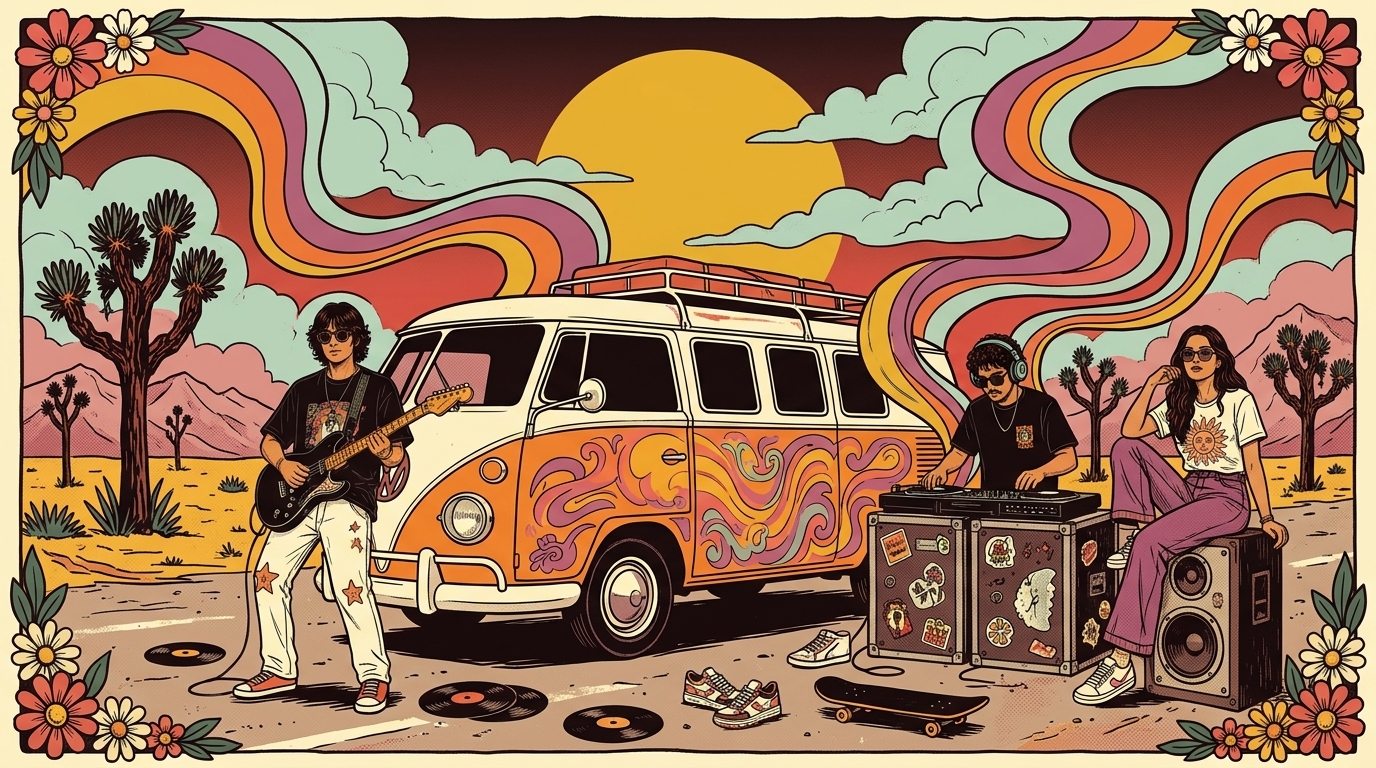 Illustrated Streetland poster scene: a psychedelic vintage van with a guitarist, DJ and friends on a desert road