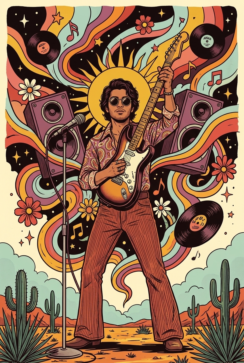 Illustrated guitarist performing under a psychedelic sun