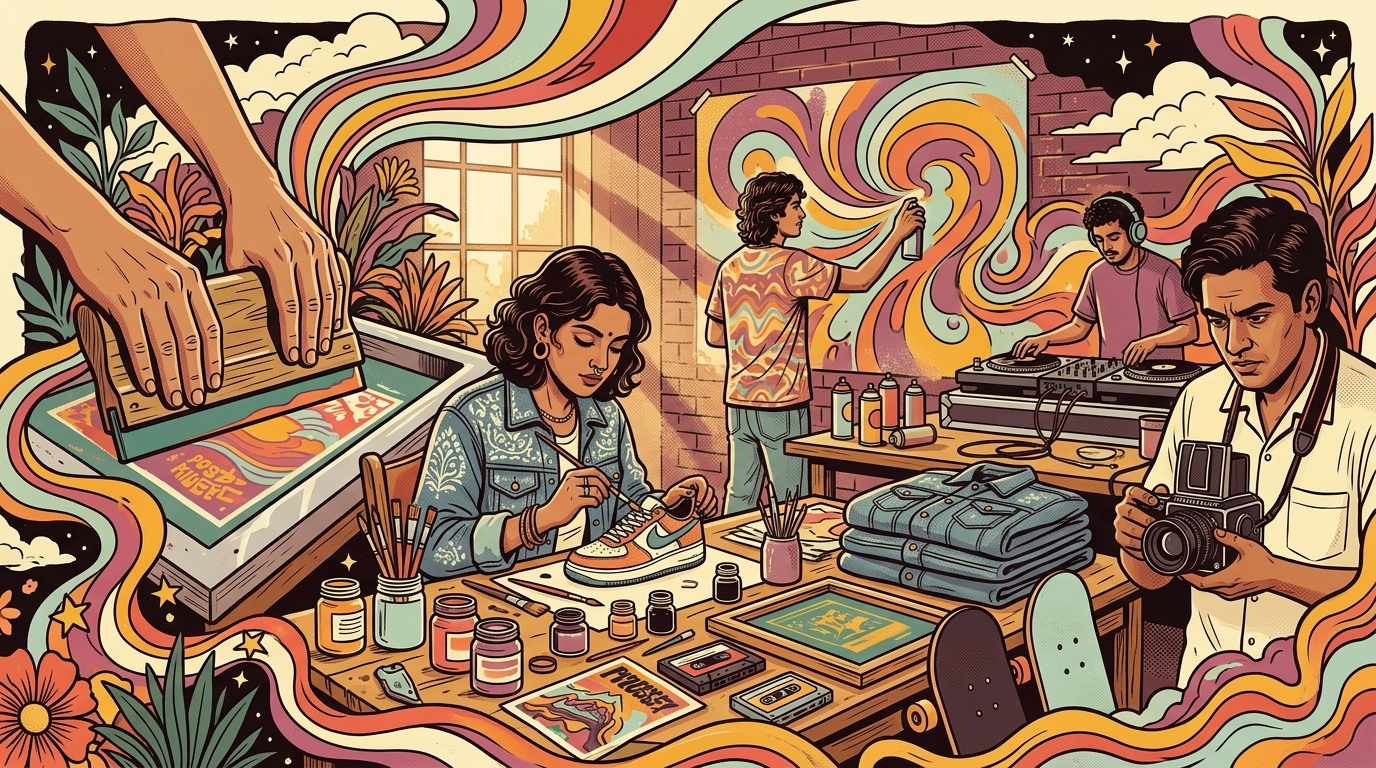 Illustrated creative studio with screen printing, sneaker customisation and photography